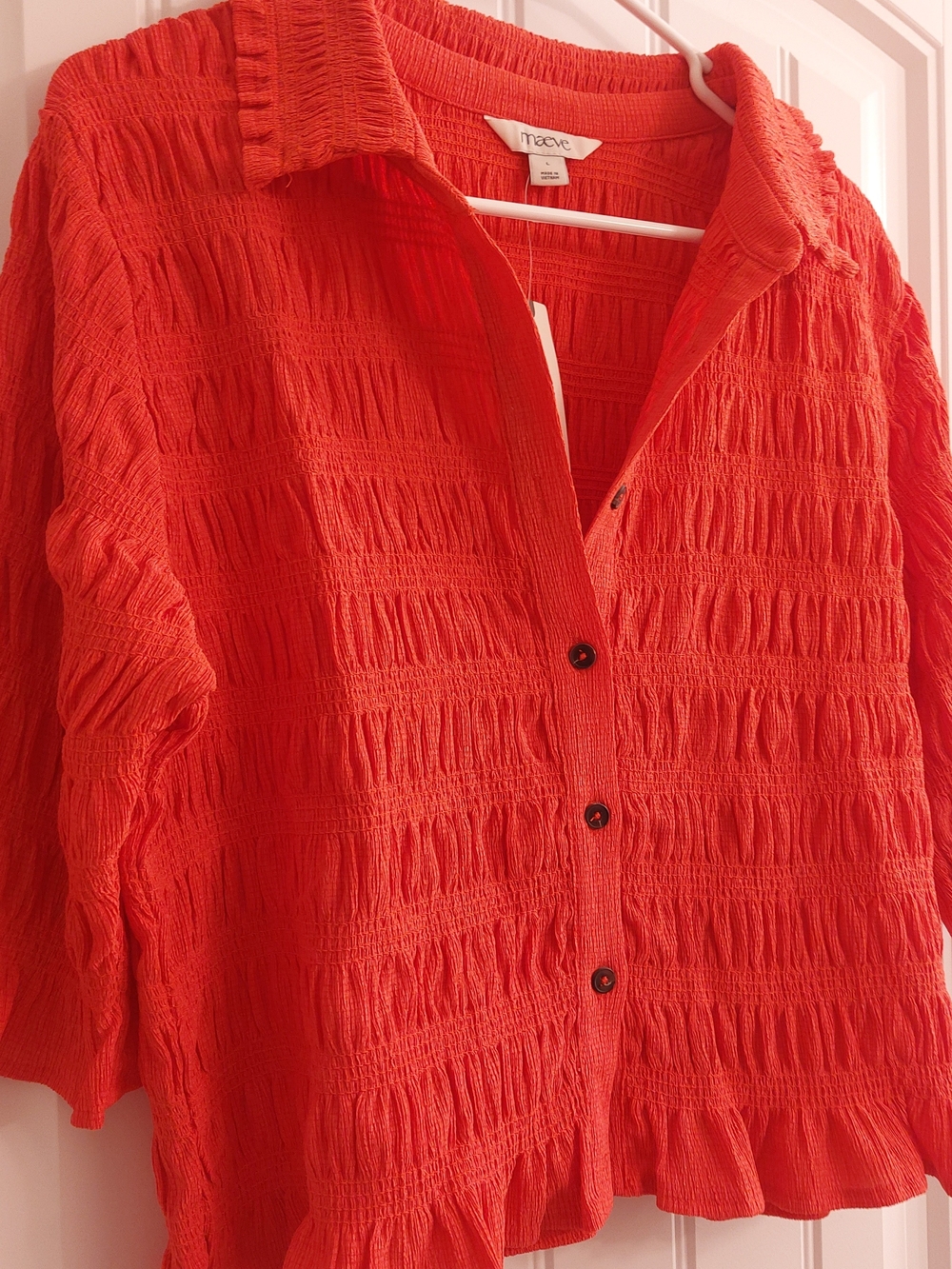 Maeve Muted RED Ruched Button-Front Shirt - Picture 2 of 6